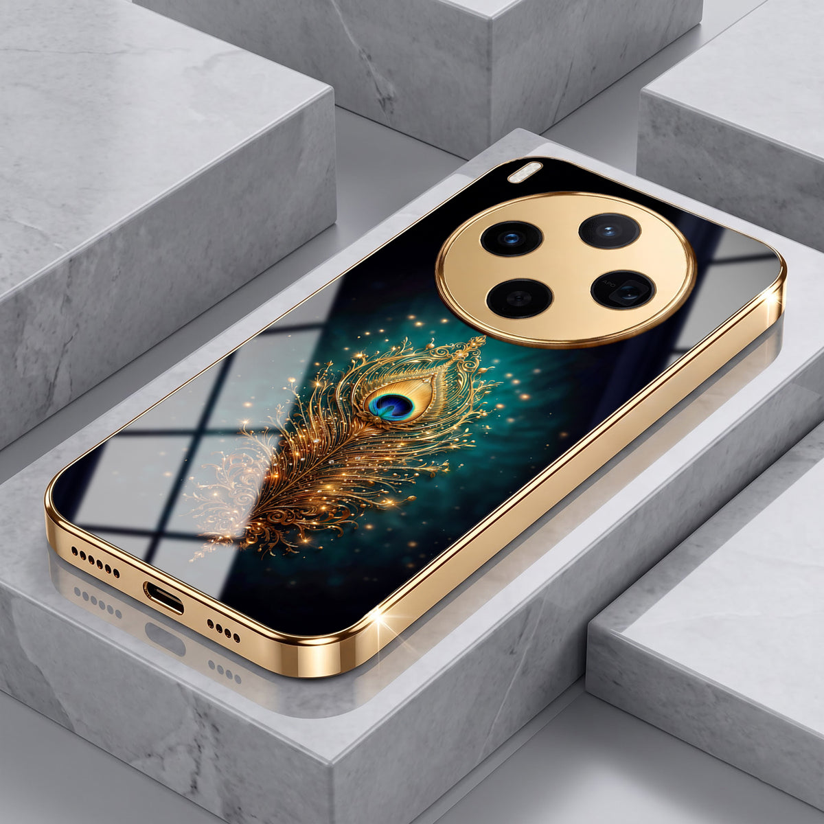 Vivo X300 5G Golden Peacock Feather Gold Electroplated Glass Phone Back Case