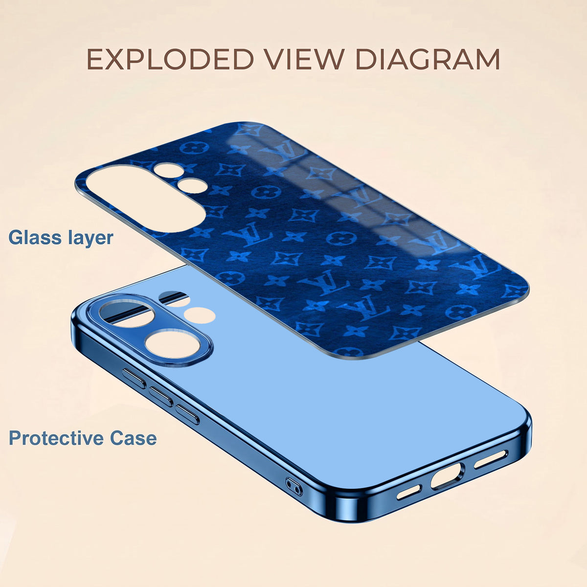 Vivo V60 5G Luxury Monogram Blue Electroplated Glass Phone Back Case