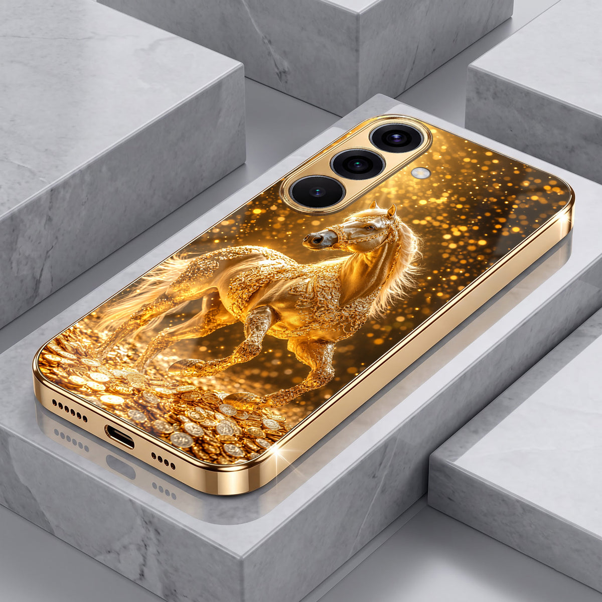 Samsung Galaxy A36 5G Golden Horse Sparkle Gold Electroplated Glass Phone Back Case