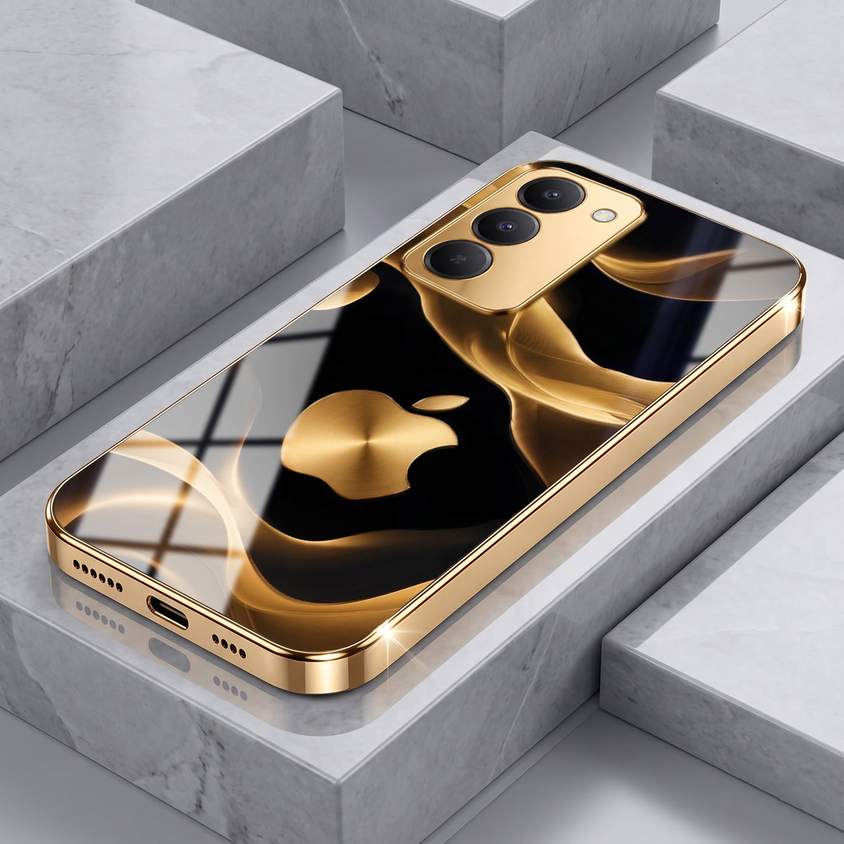 Redmi 15 5G Luxury Wave Gold Electroplated Glass Phone Back Case