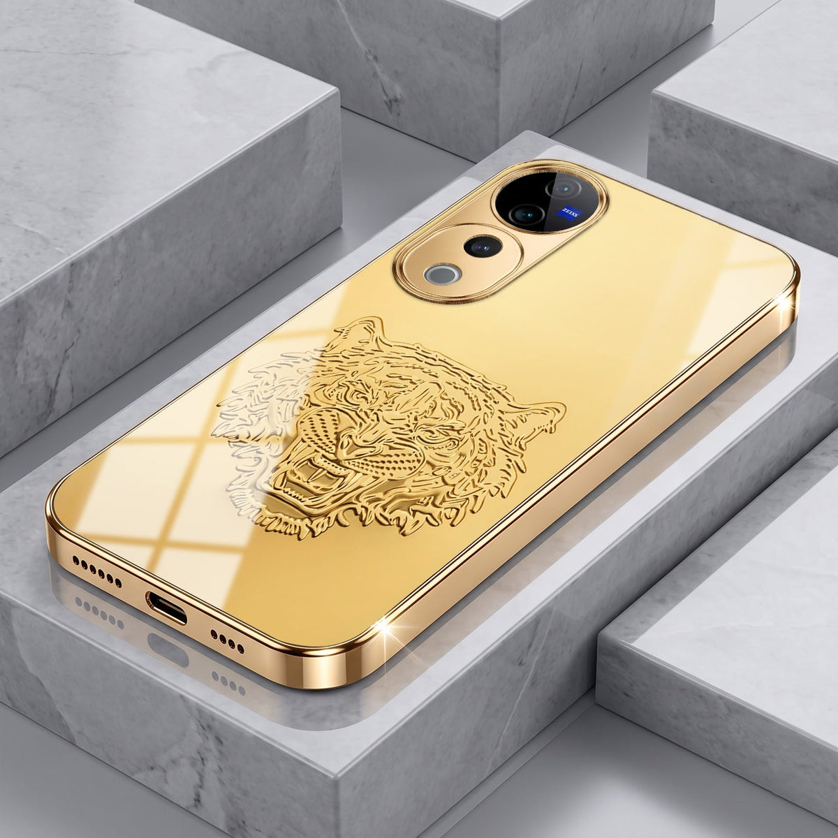 Vivo V40 Pro 5G Golden Tiger Face Gold Electroplated Glass Phone Back Case