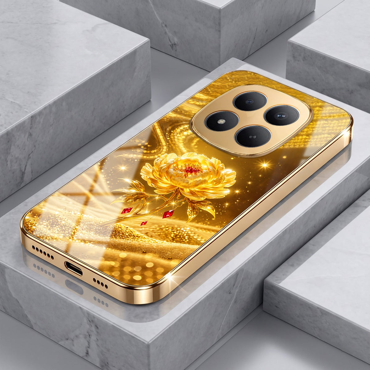 Redmi Note 15 Pro+ 5G Golden Rose Elegance Gold Electroplated Glass Phone Back Case