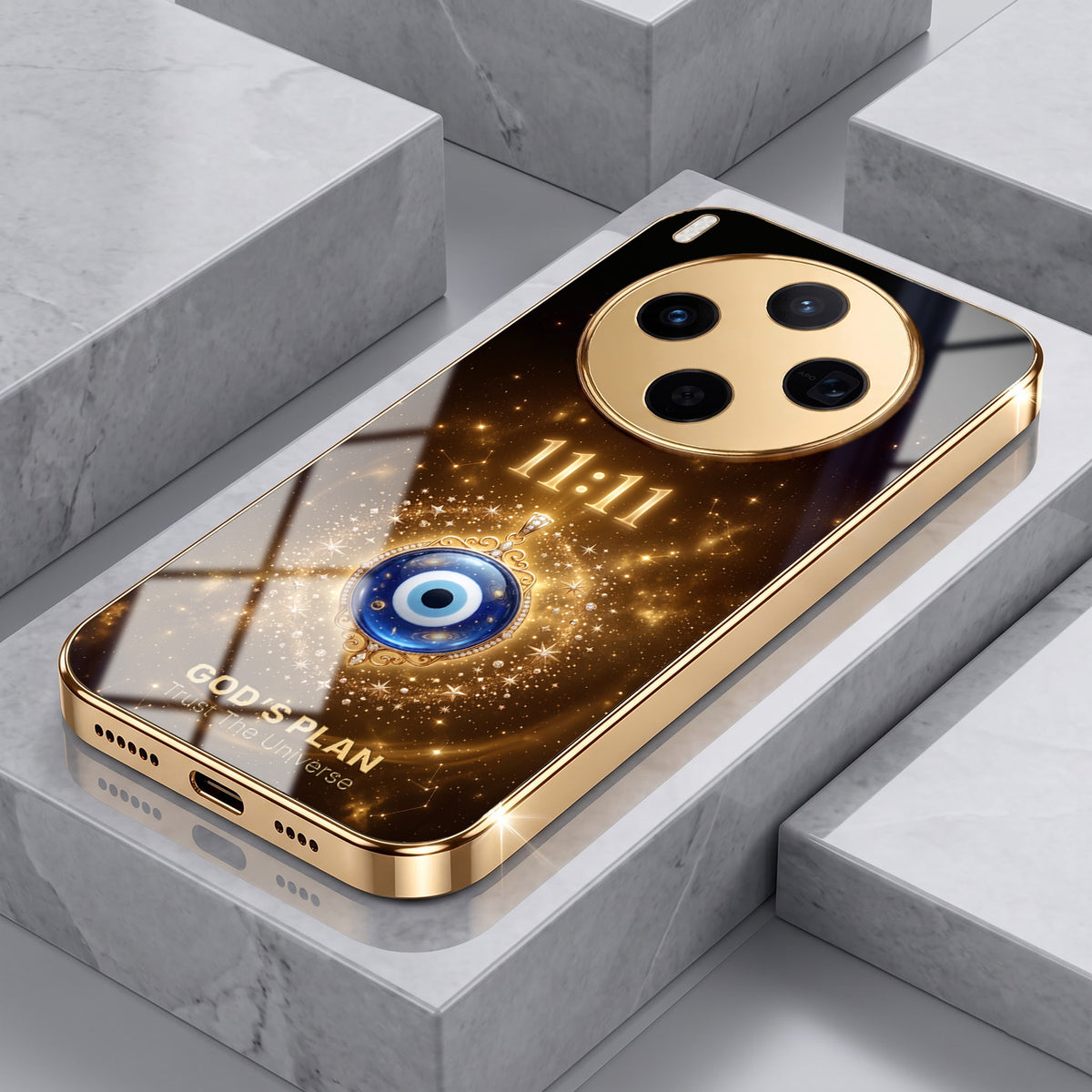 Vivo X300 5G God’s Plan Evil Eye Gold Electroplated Glass Phone Back Case