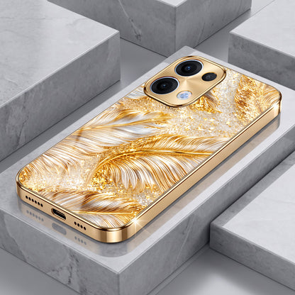 Oppo Reno 13 5G Golden Feather Marble Gold Electroplated Glass Phone Back Case