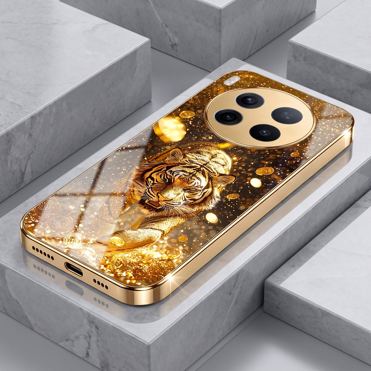 Vivo X300 Pro 5G Luxury Tiger Gold Electroplated Glass Phone Back Case