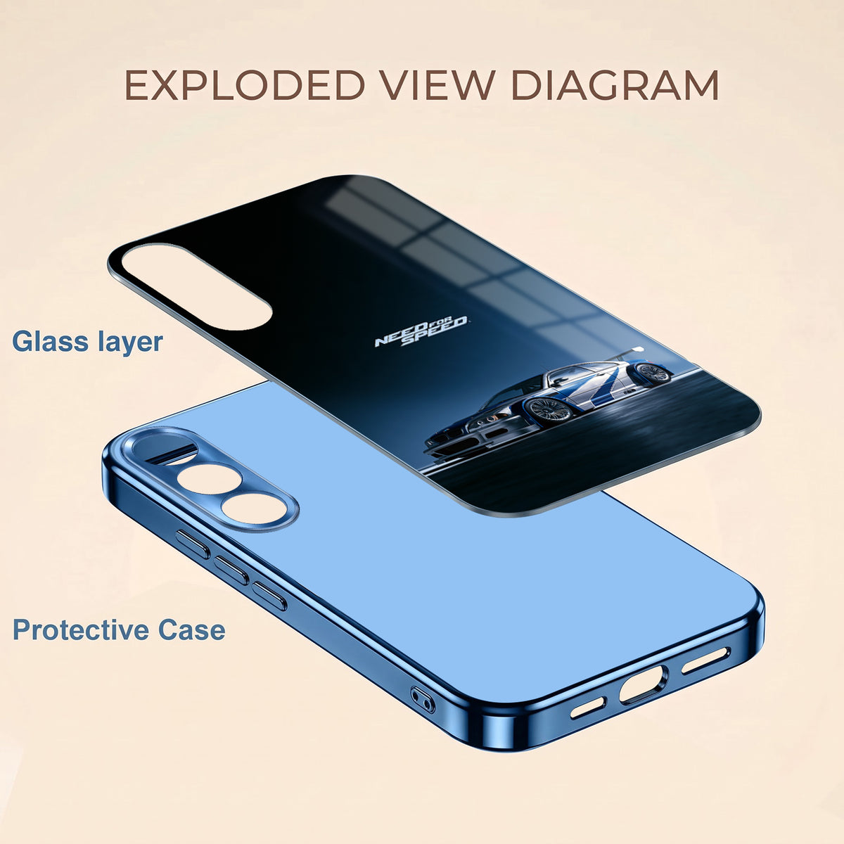 Vivo V70 FE 5G Need For Speed Blue Electroplated Glass Phone Back Case