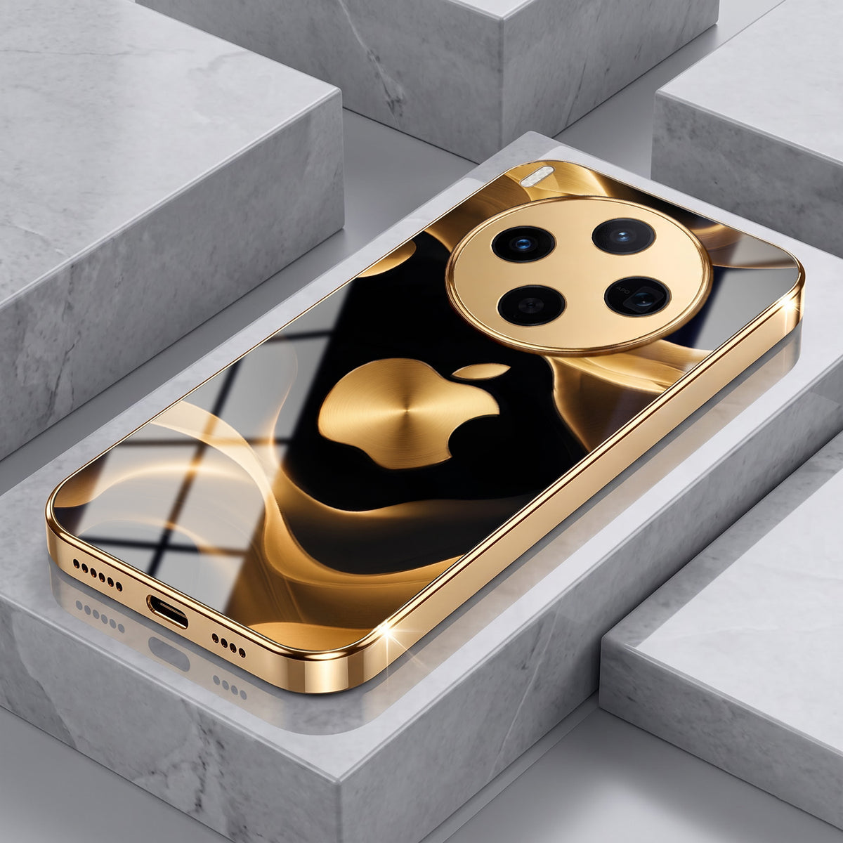 Vivo X300 5G Luxury Wave Gold Electroplated Glass Phone Back Case