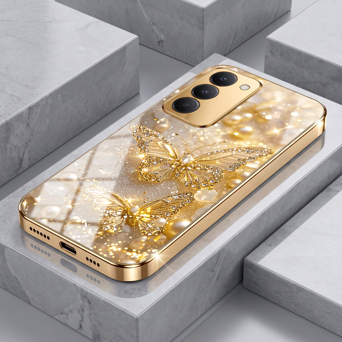 Redmi 15 5G Golden Butterfly Gold Electroplated Glass Phone Back Case