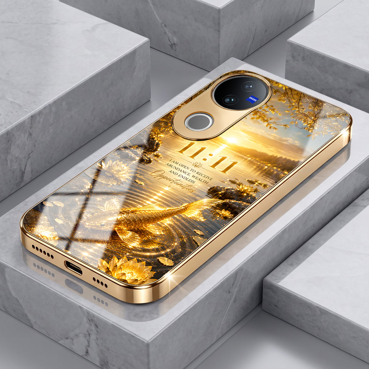 Vivo V50 5G 11:11 Manifestation Gold Electroplated Glass Phone Back Case