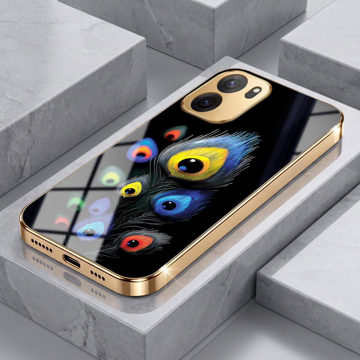 OnePlus Nord CE6 5G Multi-Feather Peacock Gold Electroplated Glass Phone Back Case