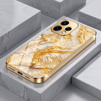 Oppo Reno 15 5G Golden Feather Marble Gold Electroplated Glass Phone Back Case