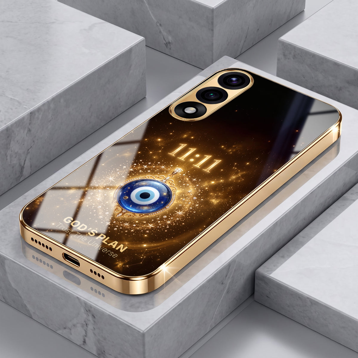 OnePlus Nord 5 5G God’s Plan Evil Eye Gold Electroplated Glass Phone Back Case