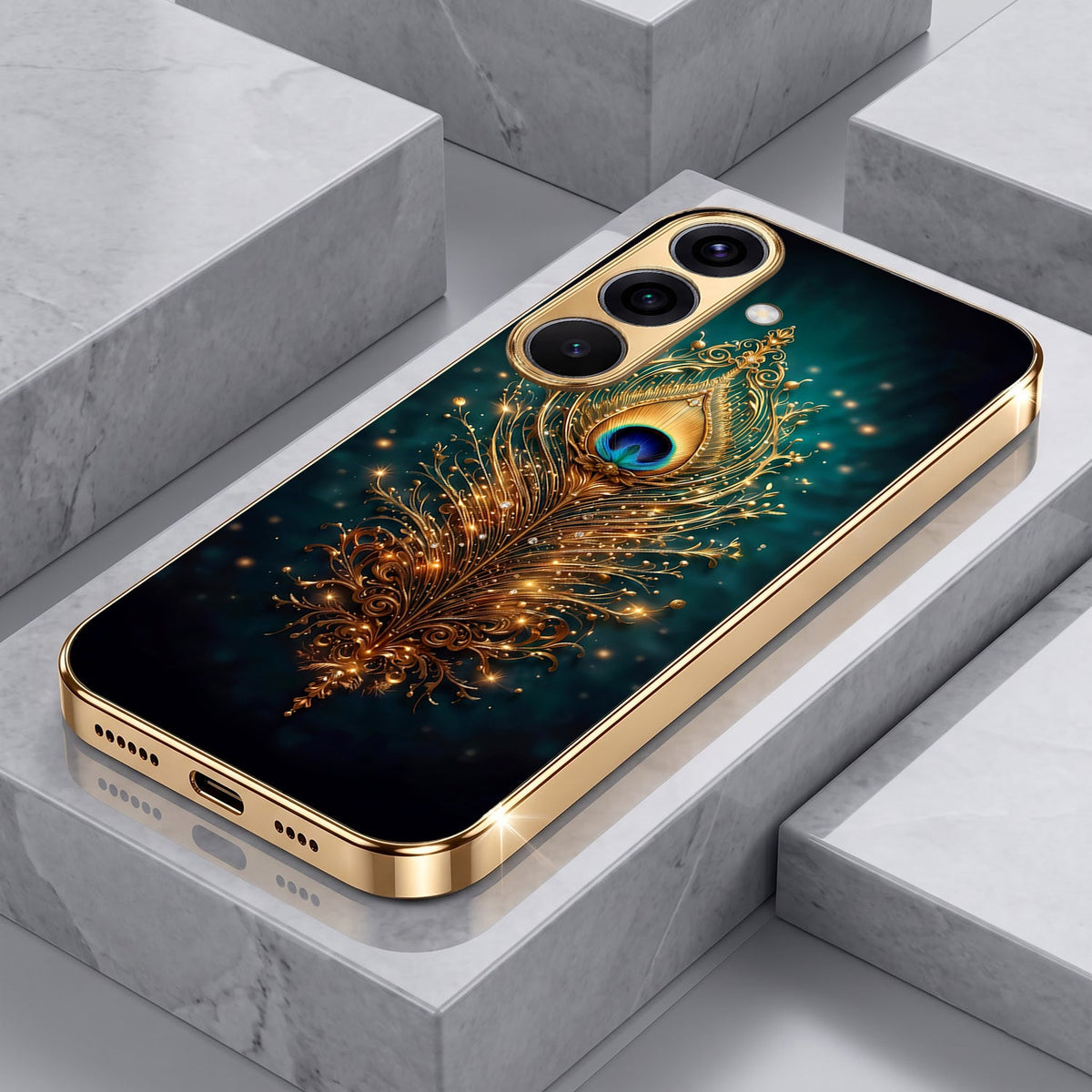Samsung Galaxy A36 5G Golden Peacock Feather Gold Electroplated Glass Phone Back Case