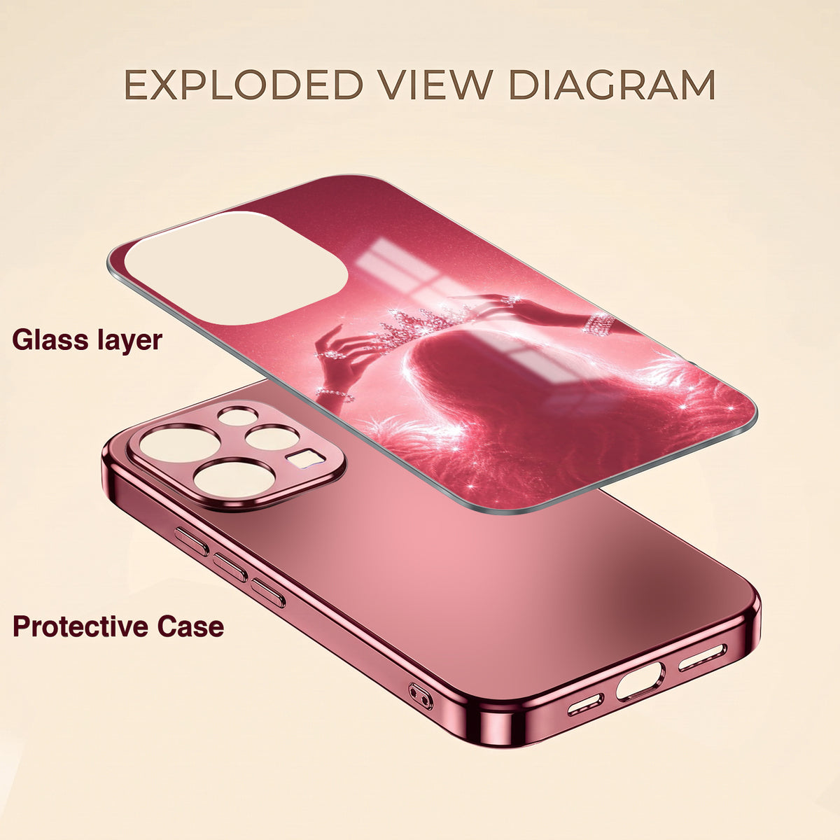 Vivo V70 5G Luxury Crown Queen Pink Electroplated Glass Phone Back Case