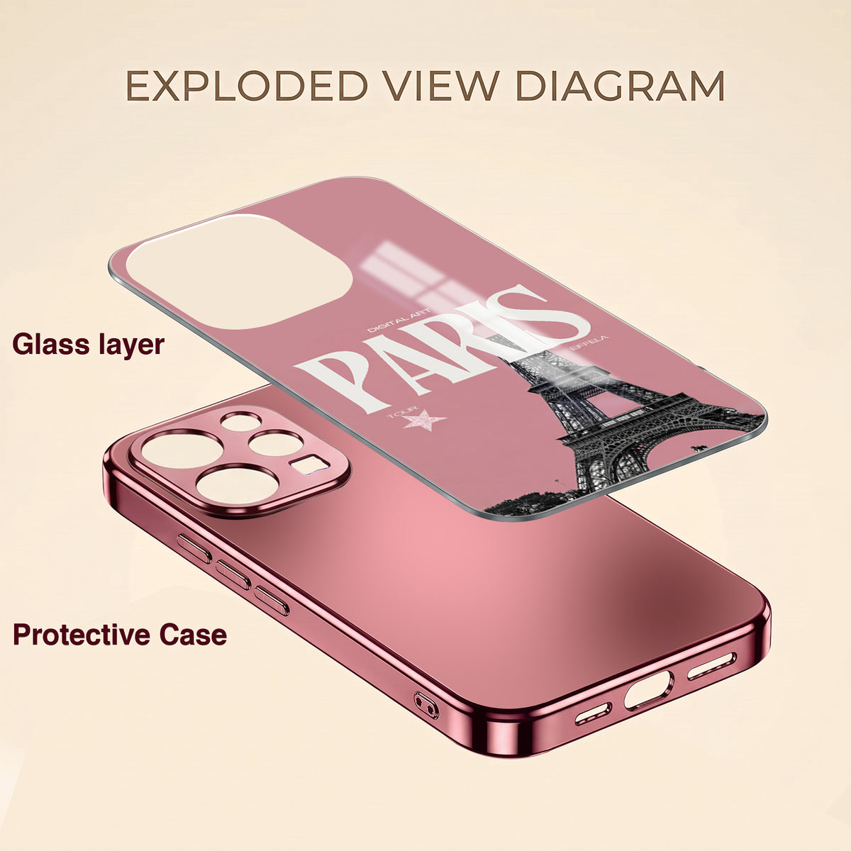 Vivo V70 5G Luxury Paris Tower Pink Electroplated Glass Phone Back Case