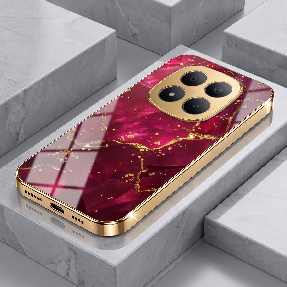 Redmi Note 15 Pro Plus 5G Luxury Crimson Marble Gold Electroplated Glass Phone Back Case