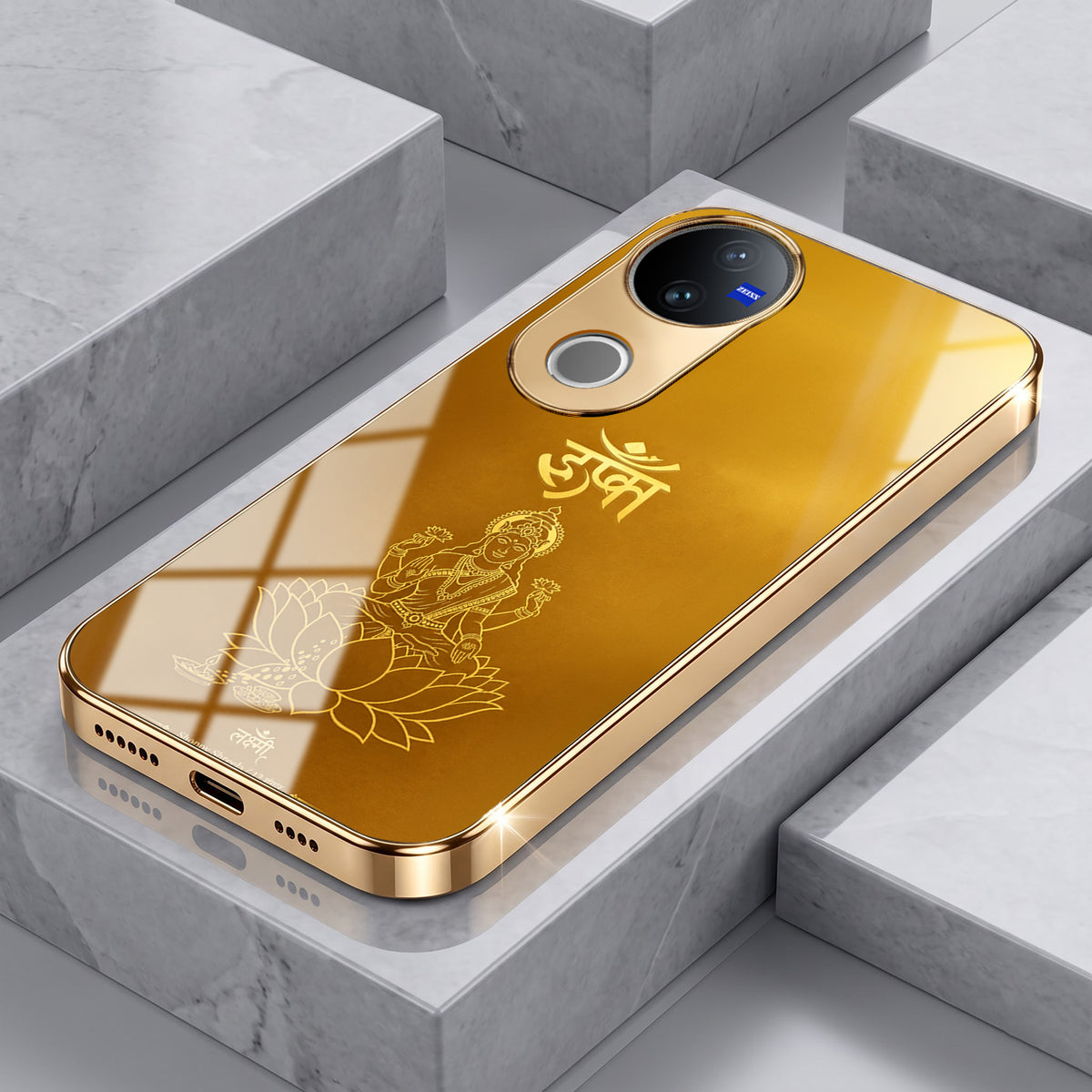 Vivo V50 5G Shree Lakshmi Divine Gold Electroplated Glass Phone Back Case