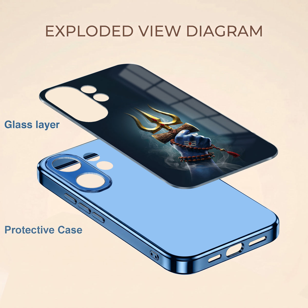 Vivo V60 5G Divine Shiva Trisul Blue Electroplated Glass Phone Back Case