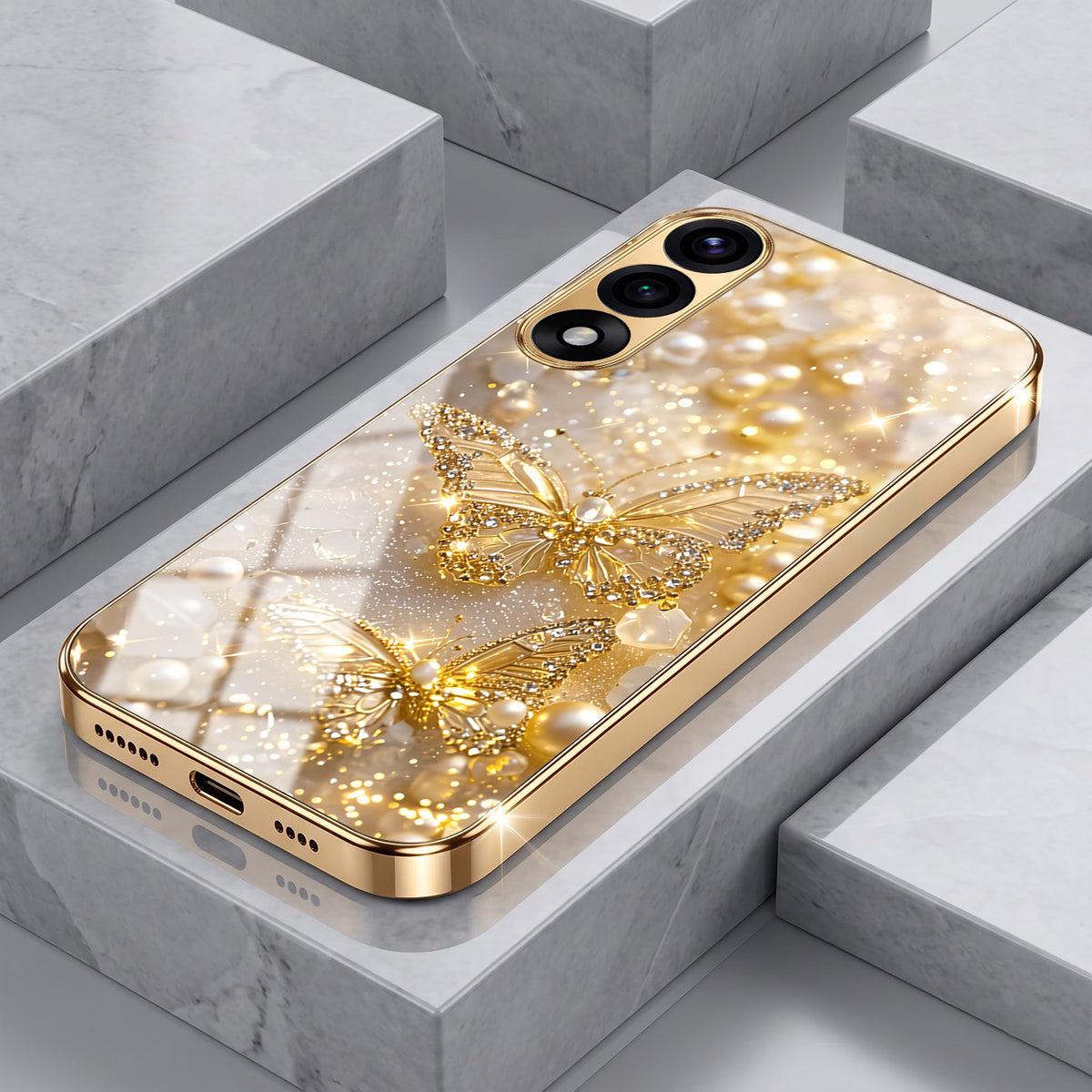Oneplus Nord 5 5G Golden Butterfly Gold Electroplated Glass Phone Back Case