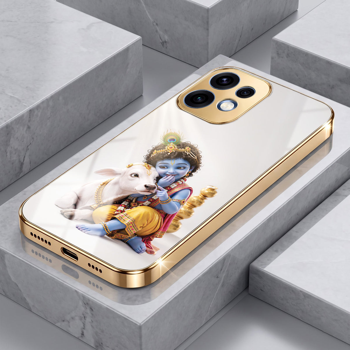 Oppo Reno 16 5G Bal Krishna Blessings Gold Electroplated Glass Phone Back Case