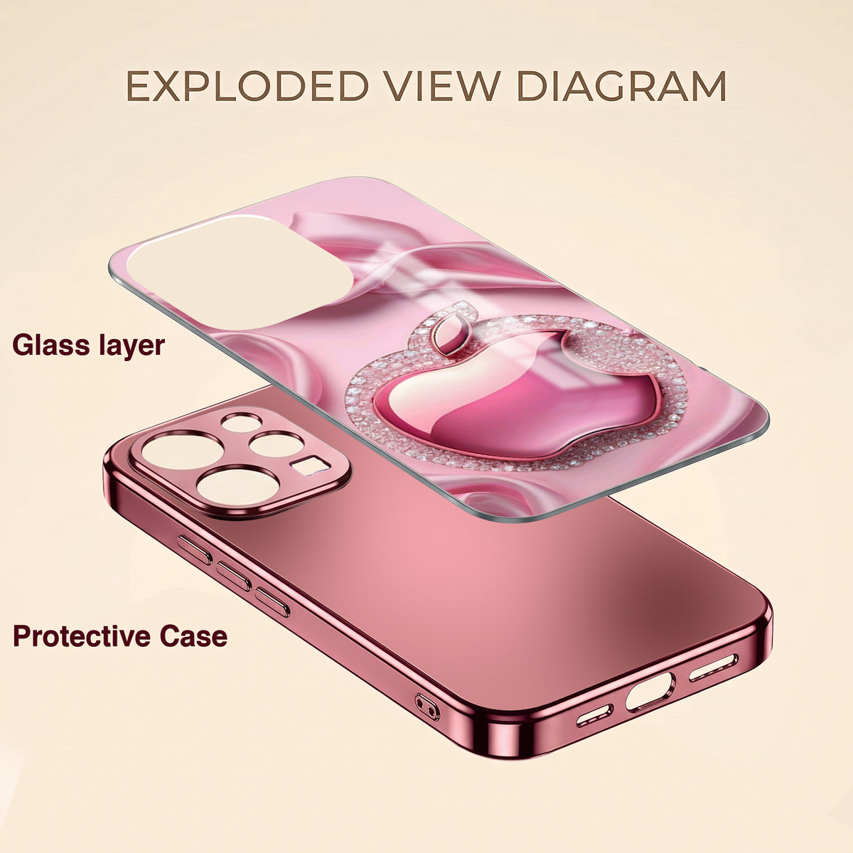 Vivo V70 5G Luxury Apple Logo Pink Electroplated Glass Phone Back Case