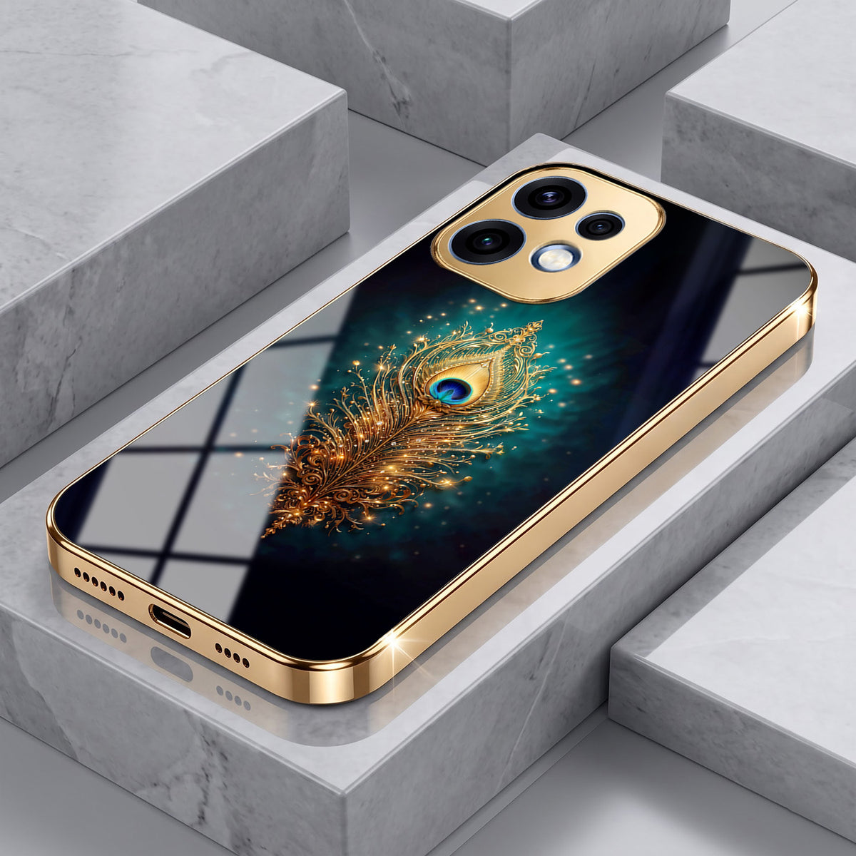Oppo Reno 16 5G Golden Peacock Feather Gold Electroplated Glass Phone Back Case
