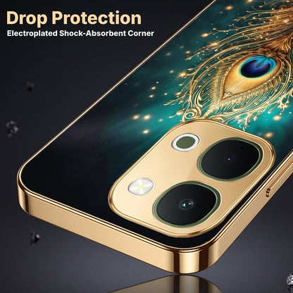 Vivo T5x 5G Golden Peacock Feather Gold Electroplated Glass Phone Back Case