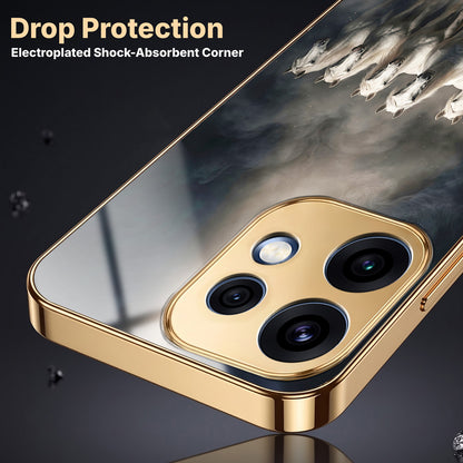 Oppo Reno 16 5G Running Horses Gold Electroplated Glass Phone Back Case