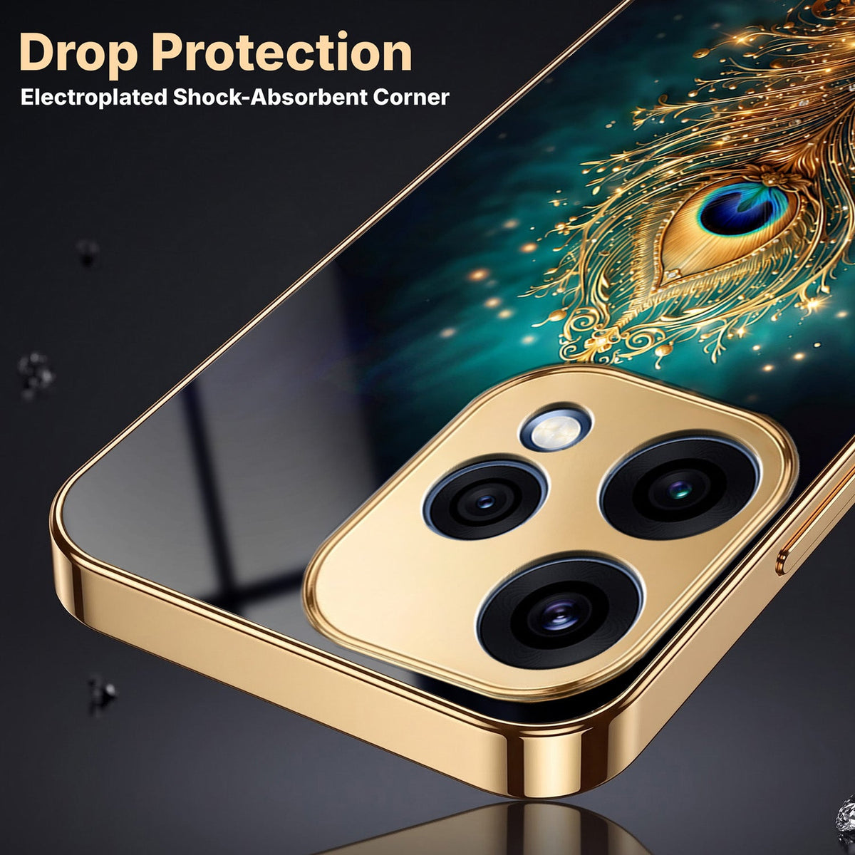 Oppo Reno 15 5G Golden Peacock Feather Gold Electroplated Glass Phone Back Case