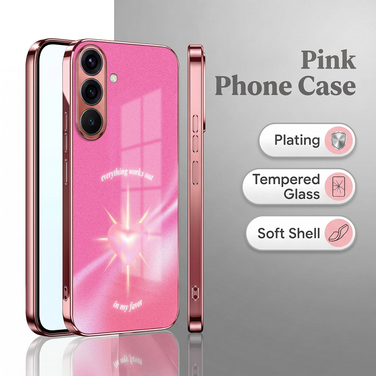 Samsung Galaxy A56 5G Luxury Glowing Heart Pink Electroplated Glass Phone Back Case