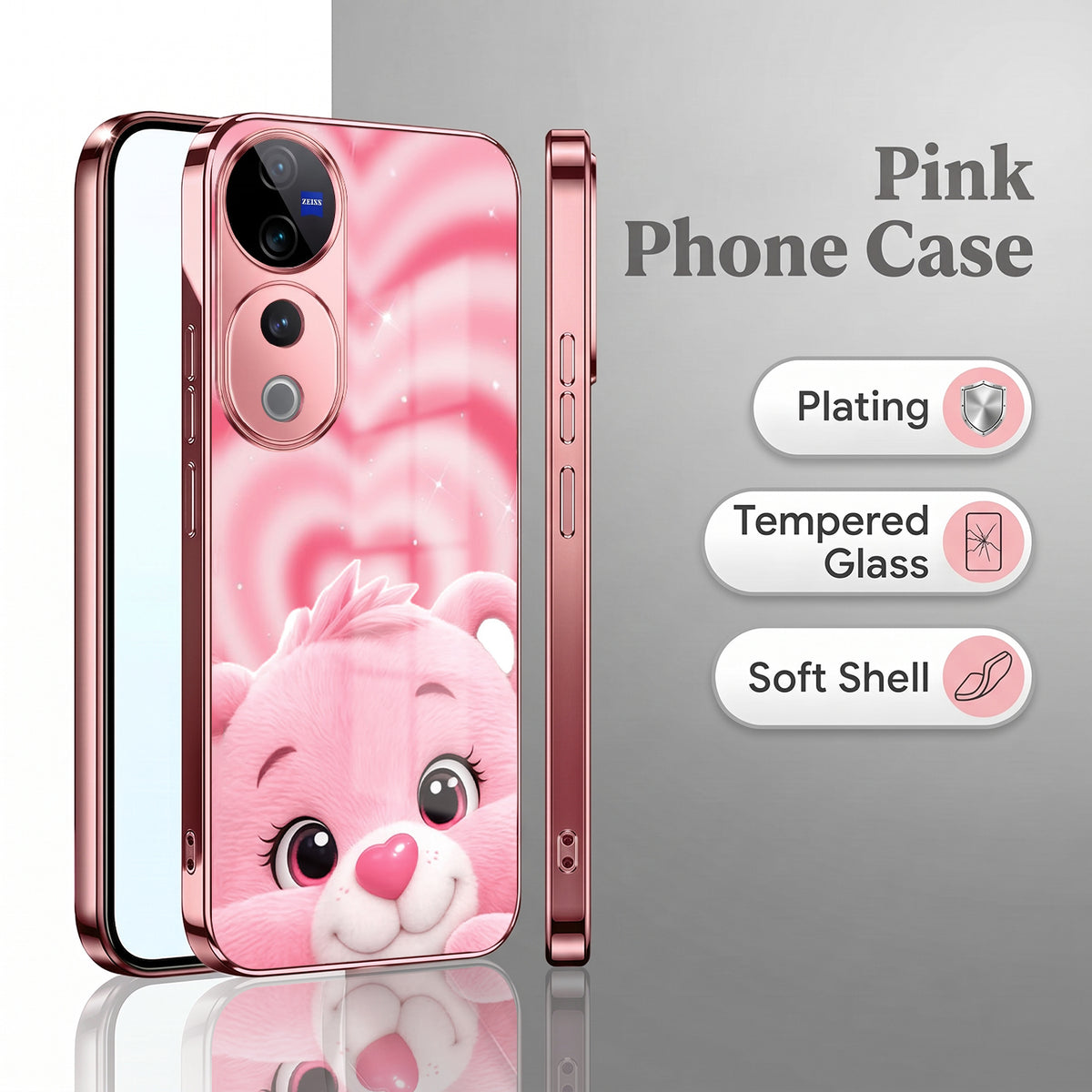 Vivo V40 Pro 5G Luxury Cute Teddy Pink Electroplated Glass Phone Back Case