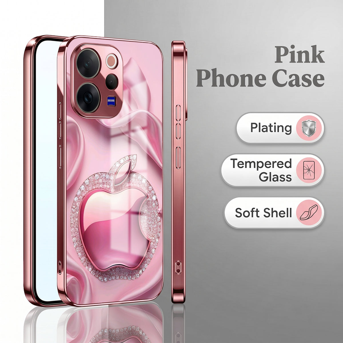 Vivo V70 5G Luxury Apple Logo Pink Electroplated Glass Phone Back Case