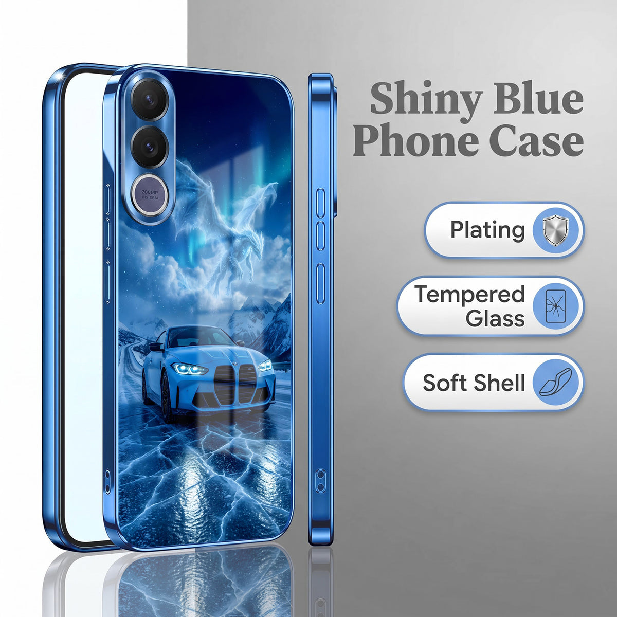 Vivo V70 FE 5G Ice Dragon GT Blue Electroplated Glass Phone Back Case