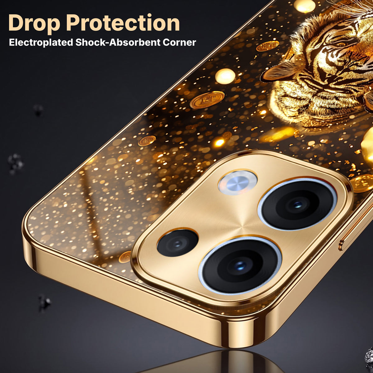 Oppo Reno 13 5G Luxury Tiger Gold Electroplated Glass Phone Back Case