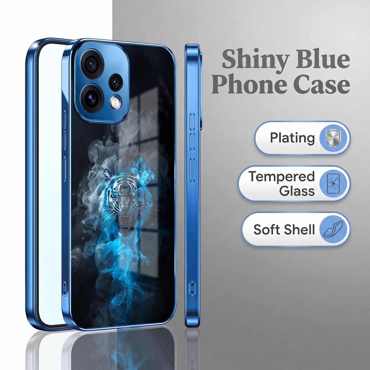 Oppo Reno 15 5G Thunder Titan Lion Blue Electroplated Glass Phone Back Case