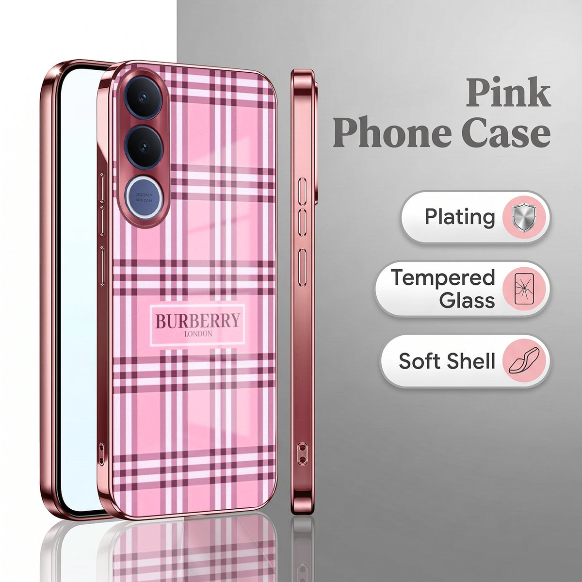 Vivo V70 FE 5G Burberry Classic Pink Electroplated Glass Phone Back Case