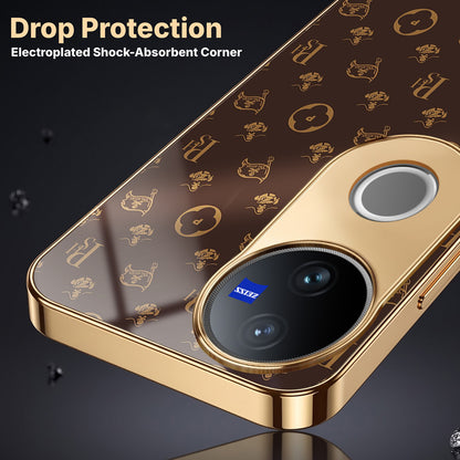 Vivo V50 5G Luxury Monogram Brown Gold Electroplated Glass Phone Back Case