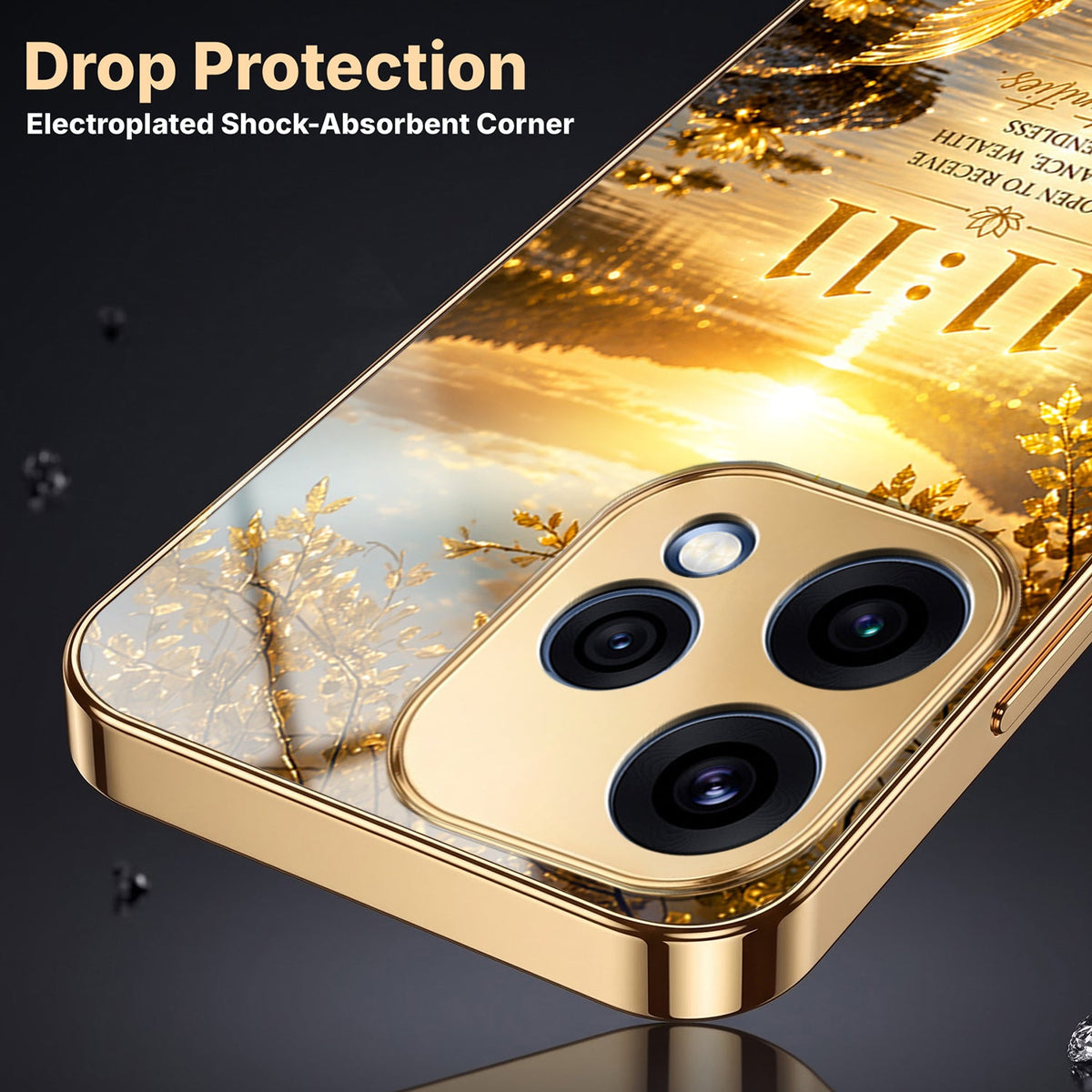 Oppo Reno 15 5G 11:11 Manifestation Gold Electroplated Glass Phone Back Case