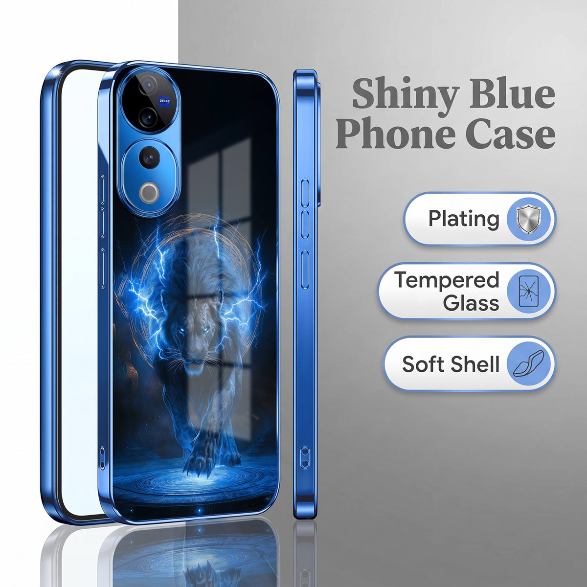 Vivo V40 Pro 5G Thunder Titan Lion Blue Electroplated Glass Phone Back Case