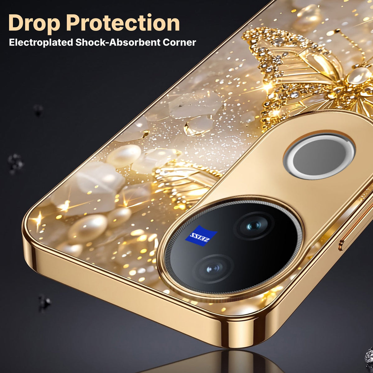 Vivo V50 5G Golden Butterfly Gold Electroplated Glass Phone Back Case