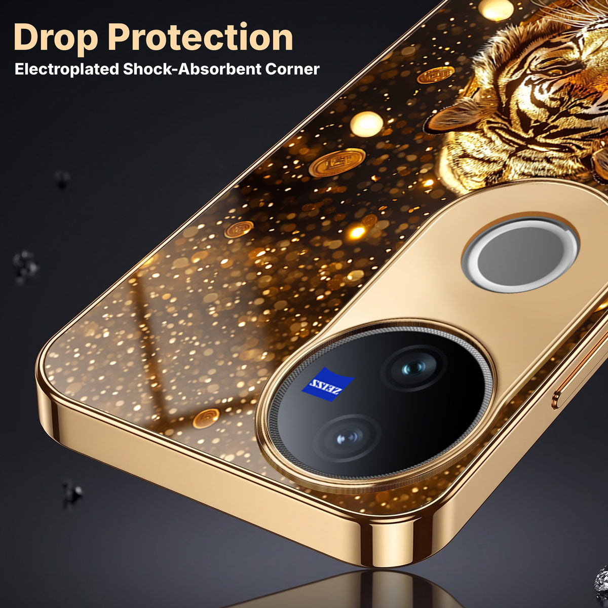 Vivo V50 5G Luxury Tiger Gold Electroplated Glass Phone Back Case