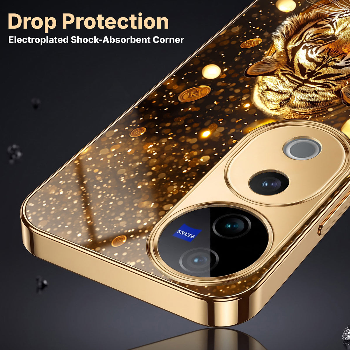 Vivo V40 Pro 5G Luxury Tiger Gold Electroplated Glass Phone Back Case
