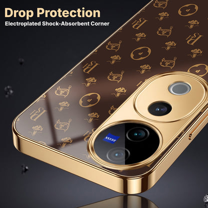 Vivo V40 Pro 5G Luxury Monogram Brown Gold Electroplated Glass Phone Back Case