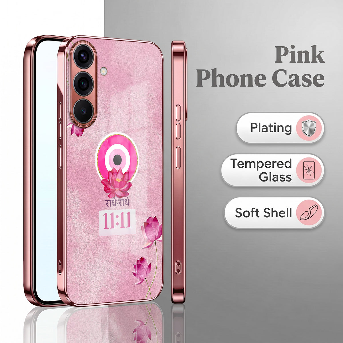 Samsung Galaxy A36 5G Luxury Radhe Radhe 11:11 Pink Electroplated Glass Phone Back Case