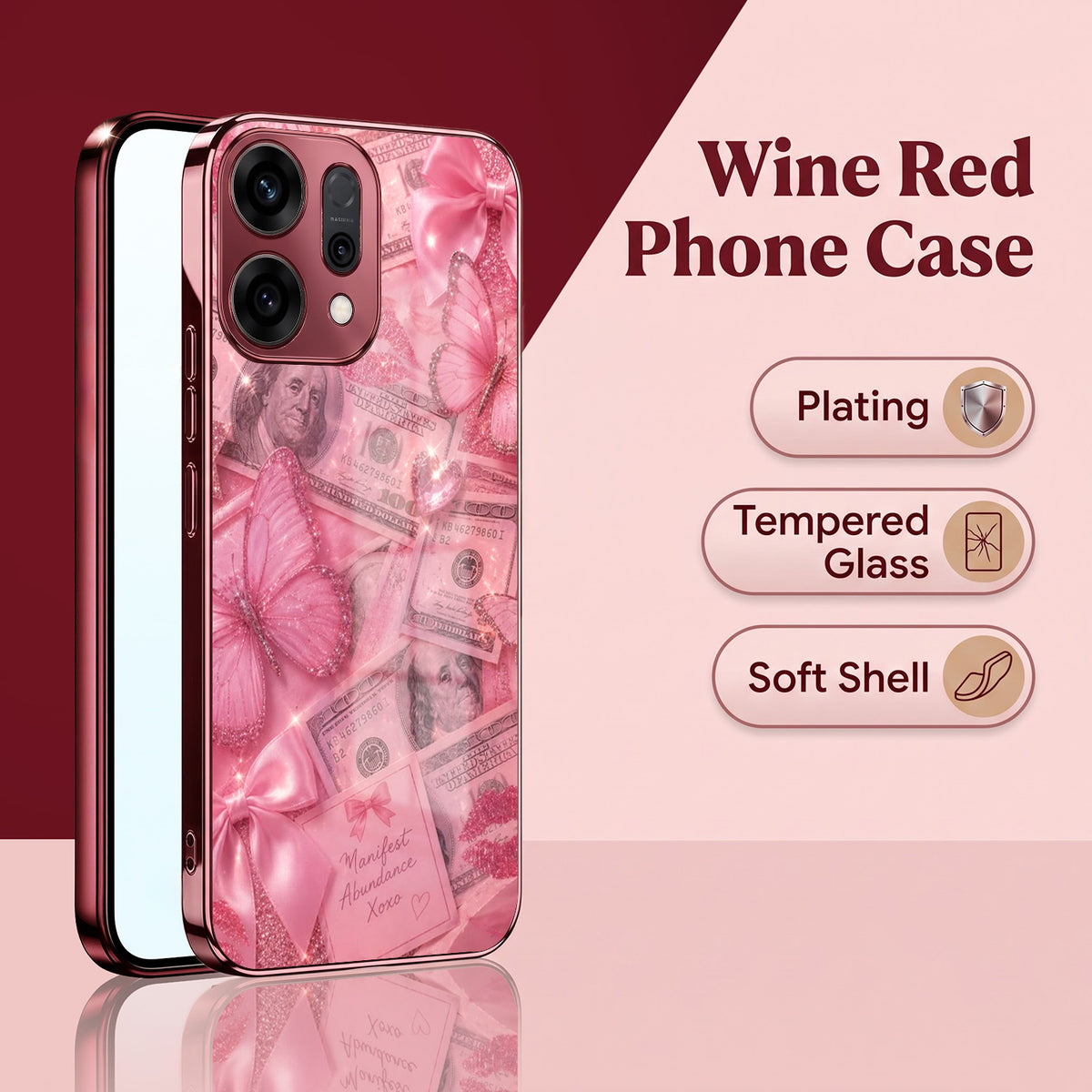 Oppo Reno 14 5G Luxury Dollar Butterfly Pink Electroplated Glass Phone Back Case