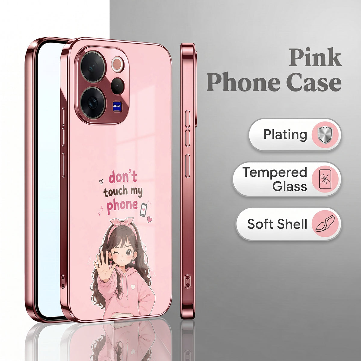 Vivo V70 5G Luxury Anime Girl Pink Electroplated Glass Phone Back Case