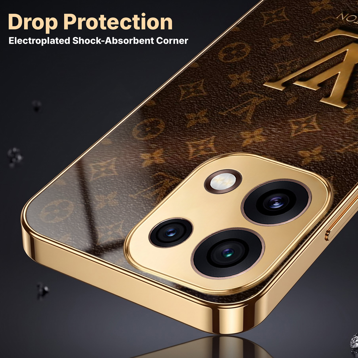 Oppo Reno 16C 5G LV Brown Monogram Gold Electroplated Glass Phone Back Case