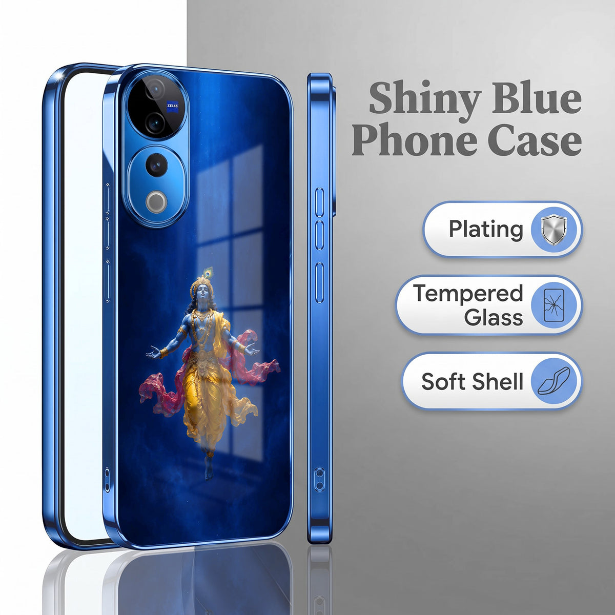 Vivo V40 Pro 5G Lord Krishna Blue Electroplated Glass Phone Back Case