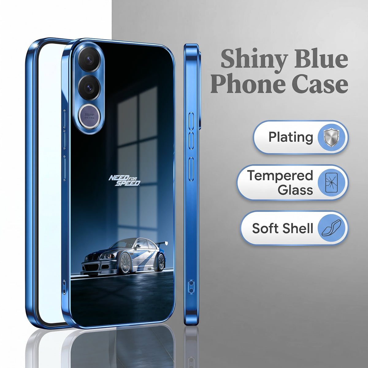 Vivo V70 FE 5G Need For Speed Blue Electroplated Glass Phone Back Case