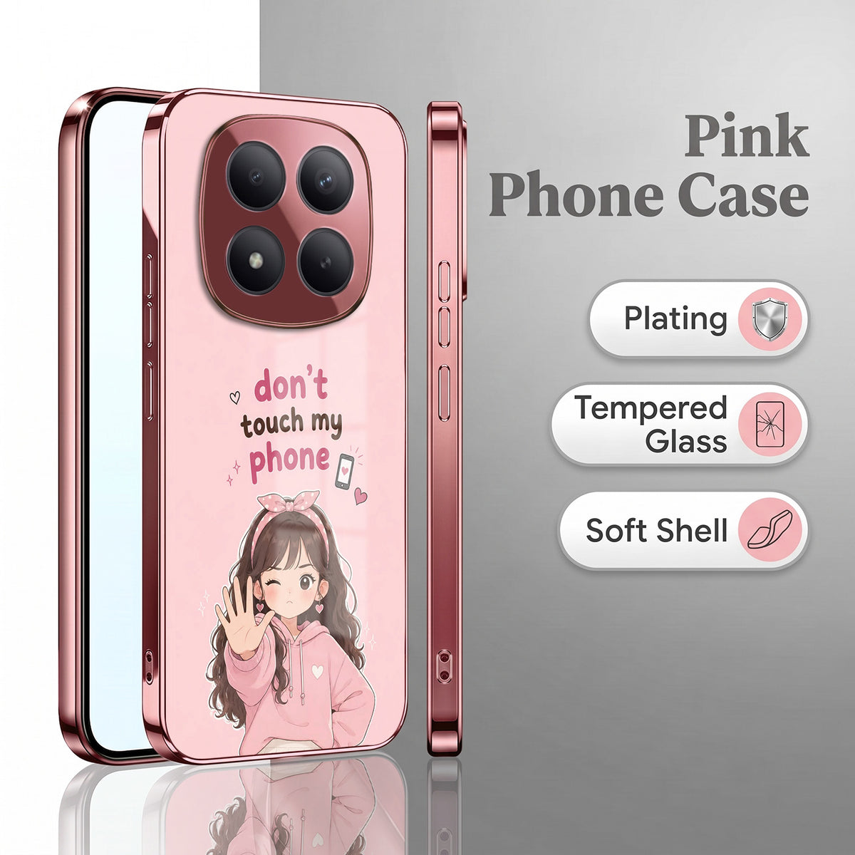 Redmi Note 15 Pro+ 5G Luxury Anime Girl Pink Electroplated Glass Phone Back Case